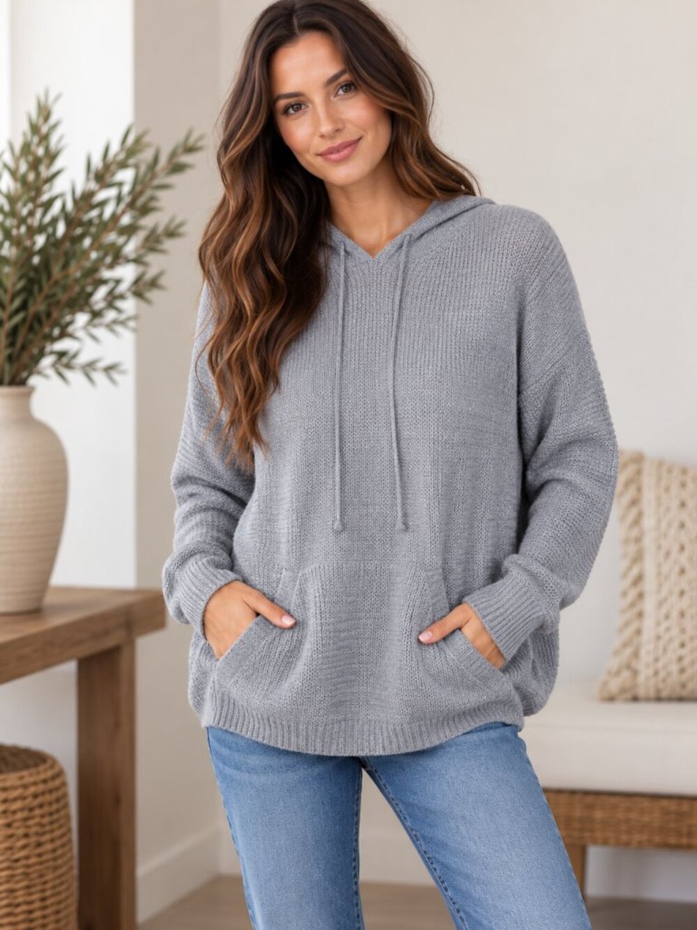 212. Hooded Kangaroo Pocket Ribbed Detial Sweater With Cashmere Blend